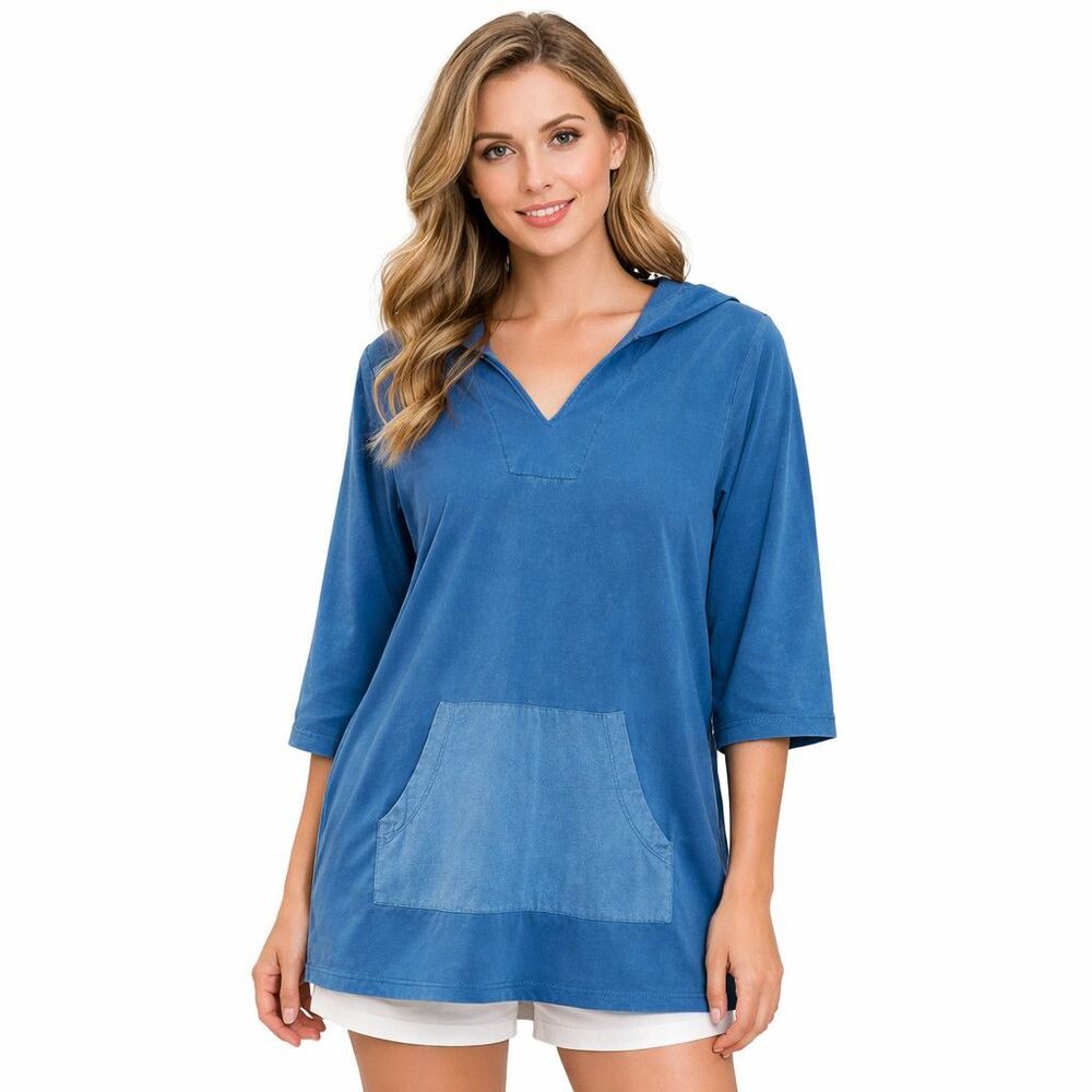 Soft Surroundings Tunic Shirt Womens Small Blue Hooded V Neck 3/4 Sleeve Top